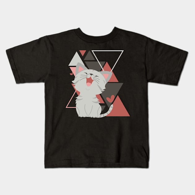 Cute little cat in triangles background adorable kitty Kittenlove Kids T-Shirt by BoogieCreates